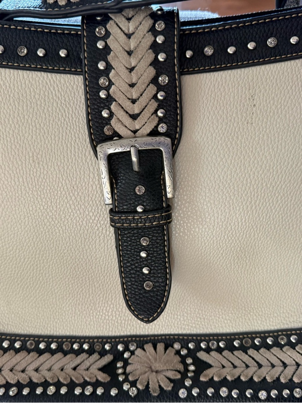 Montana West Ivory Black Rhinestone Studded Trim Handbag Purse